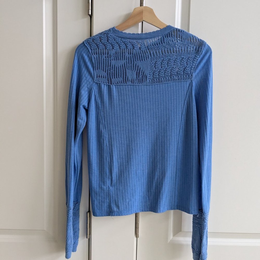 Free People Colette Top Women M Blue Pointelle Crochet Detail Lace Neckline Knit - Picture 6 of 8